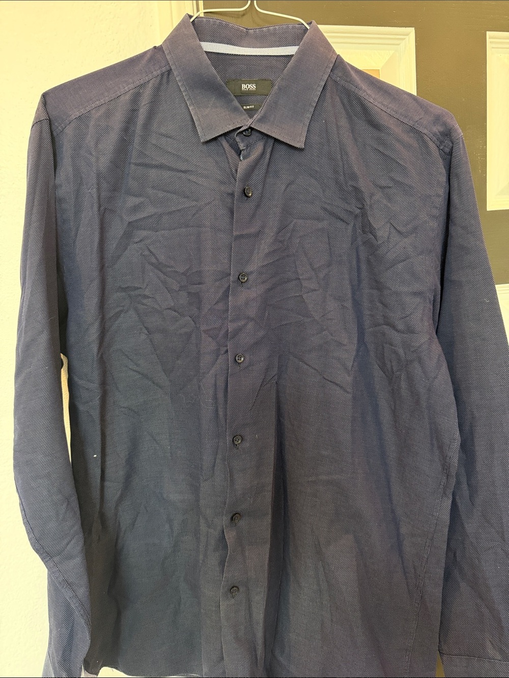 BOSS Men's Dark Navy Textured Dress Shirt